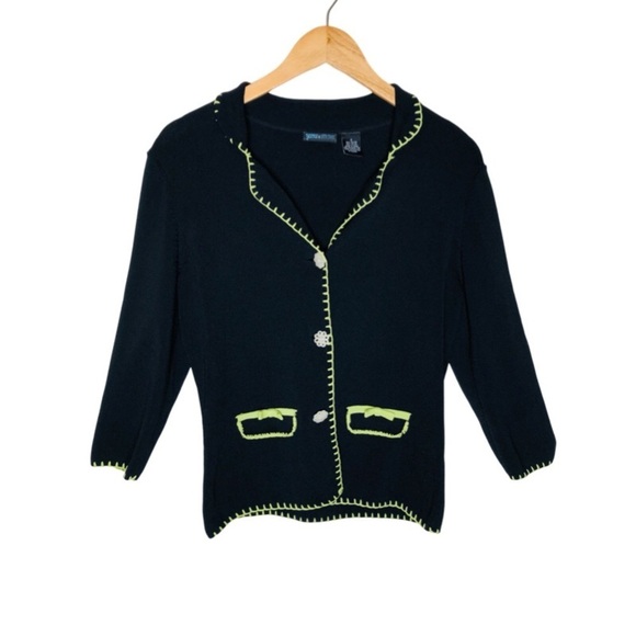 Vintage Yarns & Stitches Contrast-trim cardigan button down Black 90’s Preppy - Picture 1 of 14